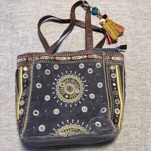 Mira Embroidered Velvet Tote Bag Boho Gypsy Mirror Work Handmade Purse